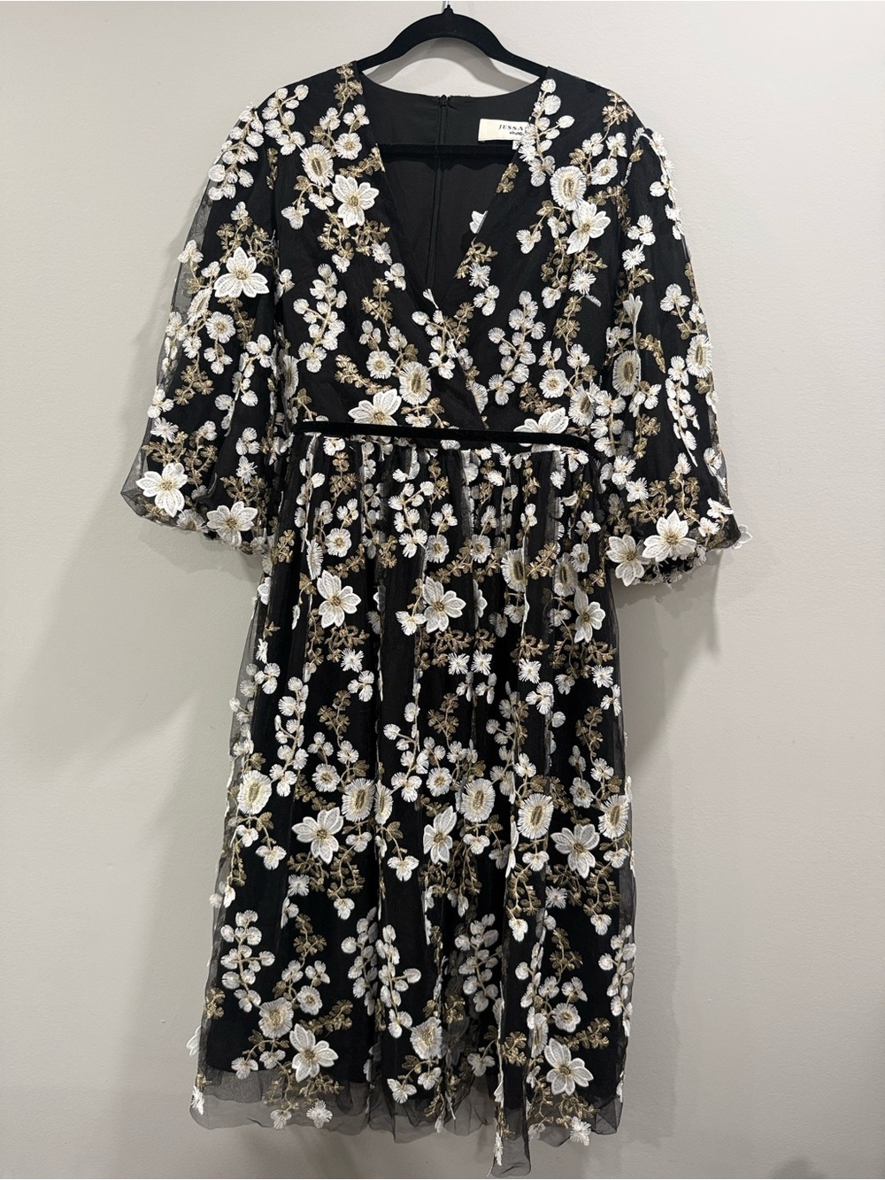 JessaKae HOLLY XL Black Floral Embroidered Midi Dress with White & Gold Flowers